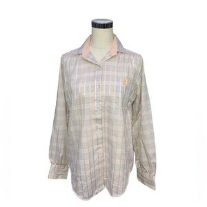 Dunloggin Pink White Gray Plaid Long Sleeve Button Down Blouse